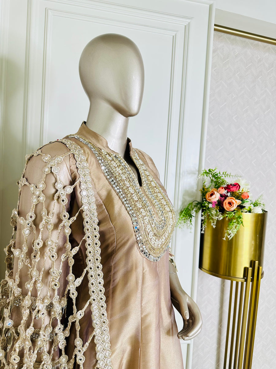 Champagne suit by Mamta Saree - mirror-work yoke and dupatta detail