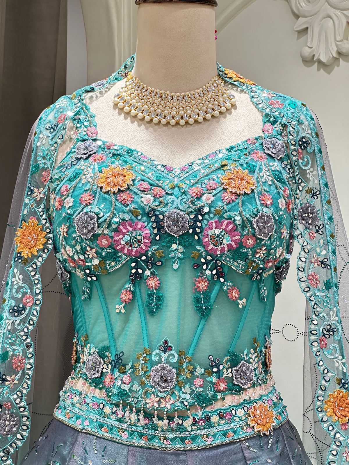 Sky blue lehenga set by Mamta Saree - full look, side angle