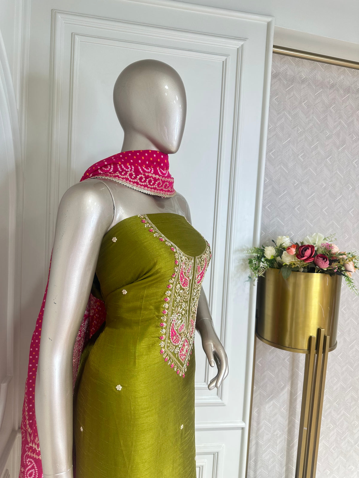 Olive green suit set by Mamta Saree - embroidery detail
