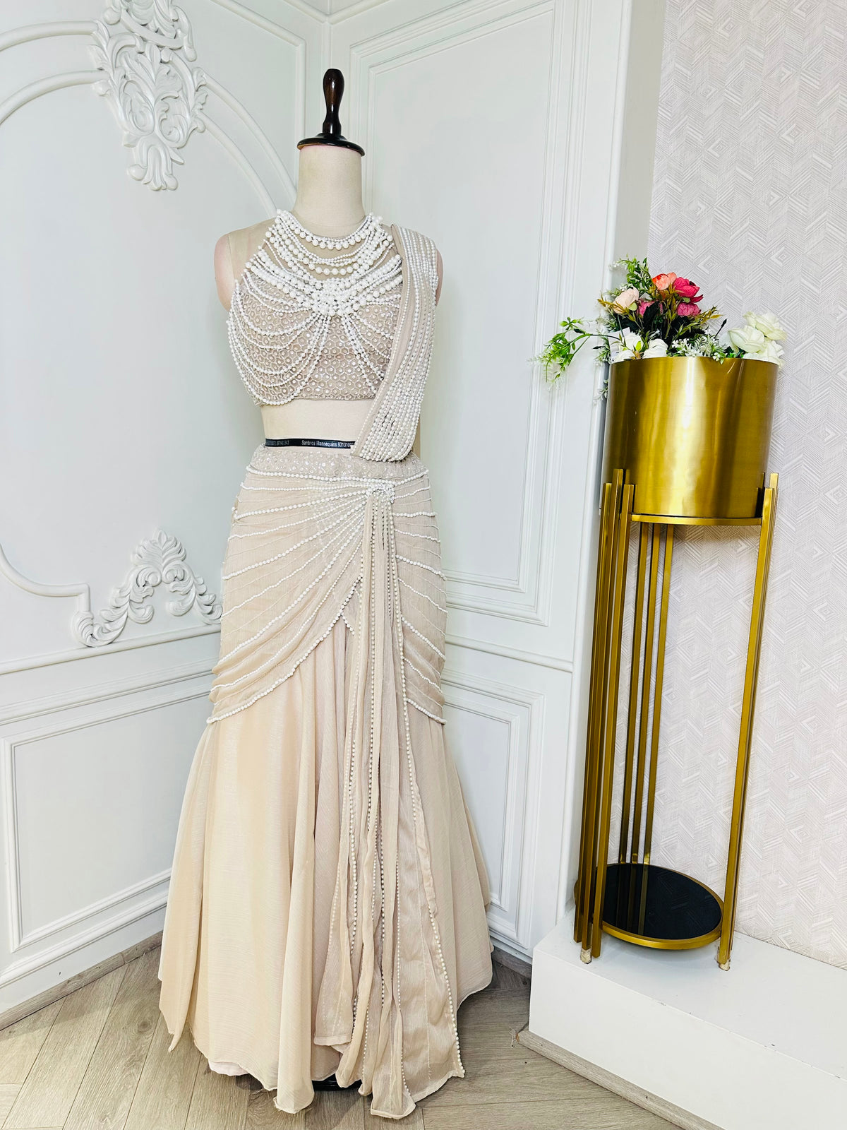beige saree by Mamta Saree - full drape view