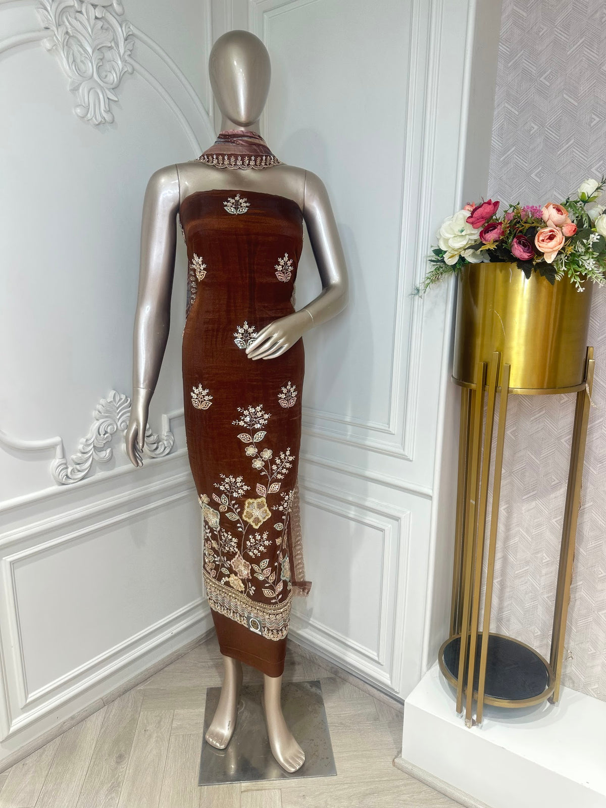 Brown Floral Embroidered Suit Set - front
