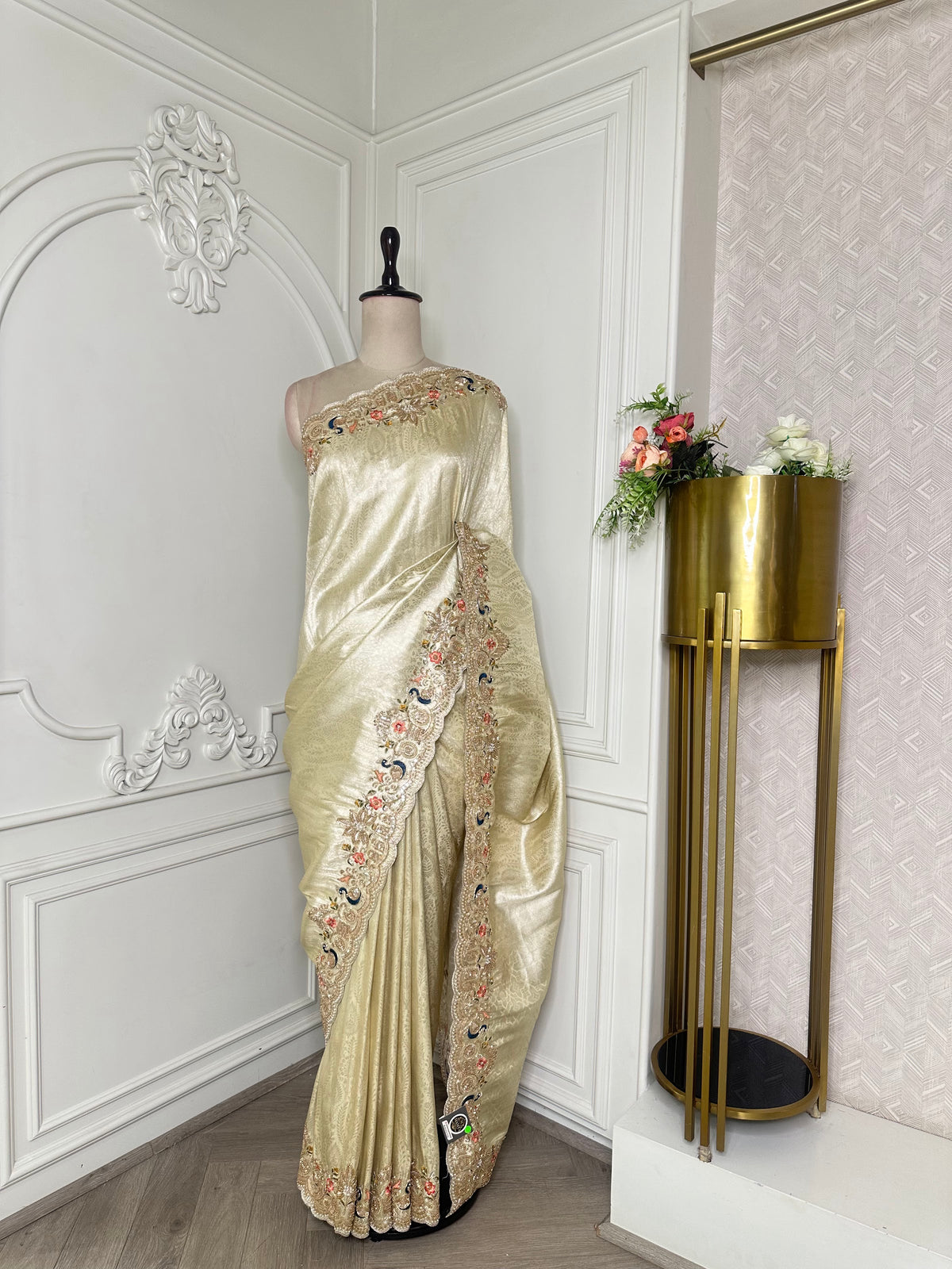 Butter yellow saree by Mamta Saree - full drape