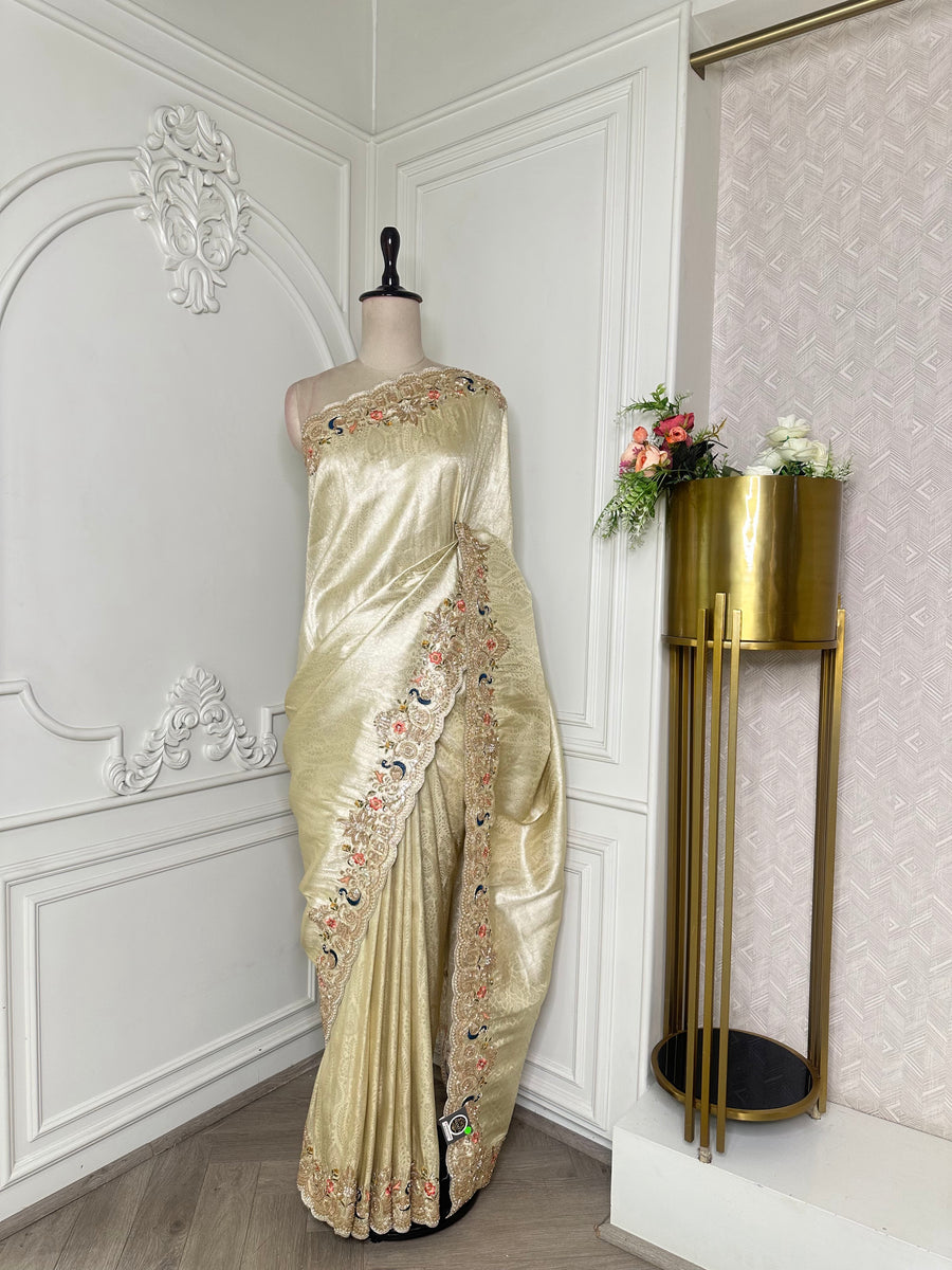 Butter yellow saree by Mamta Saree - full drape