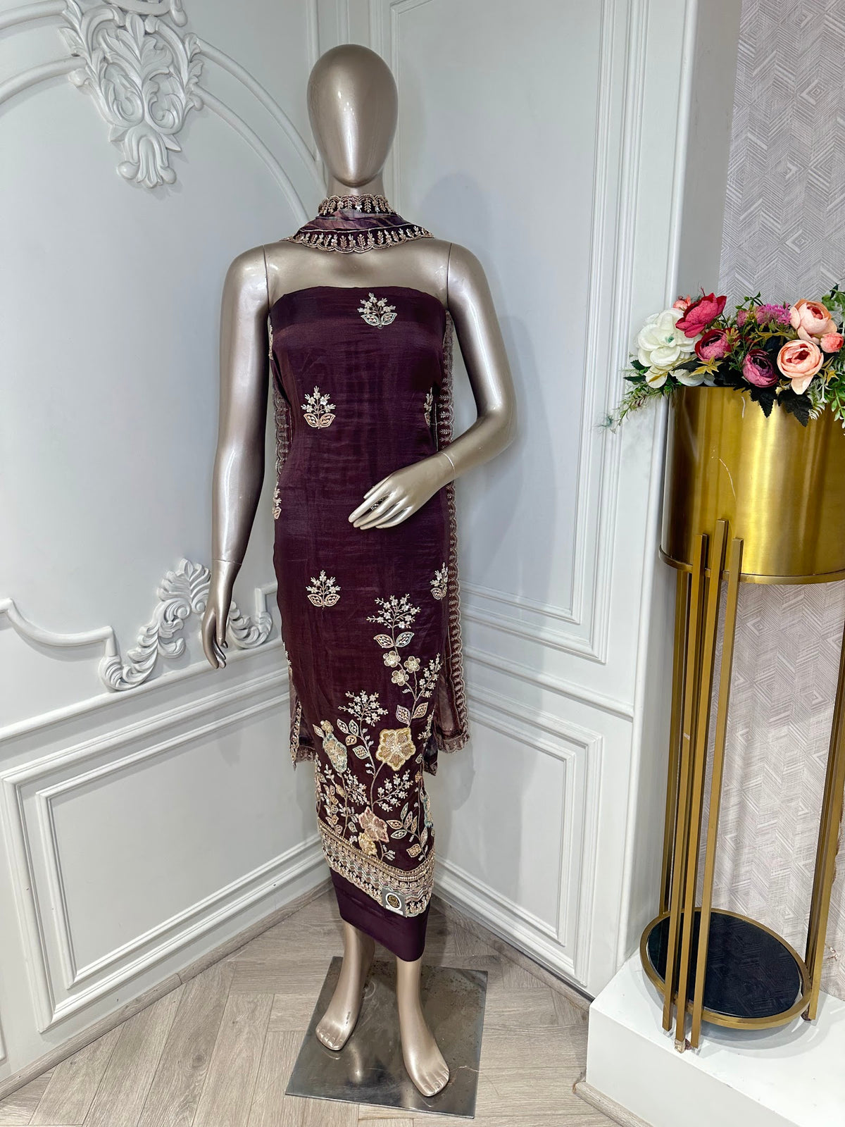 Plum Floral Embroidered Suit Set - front