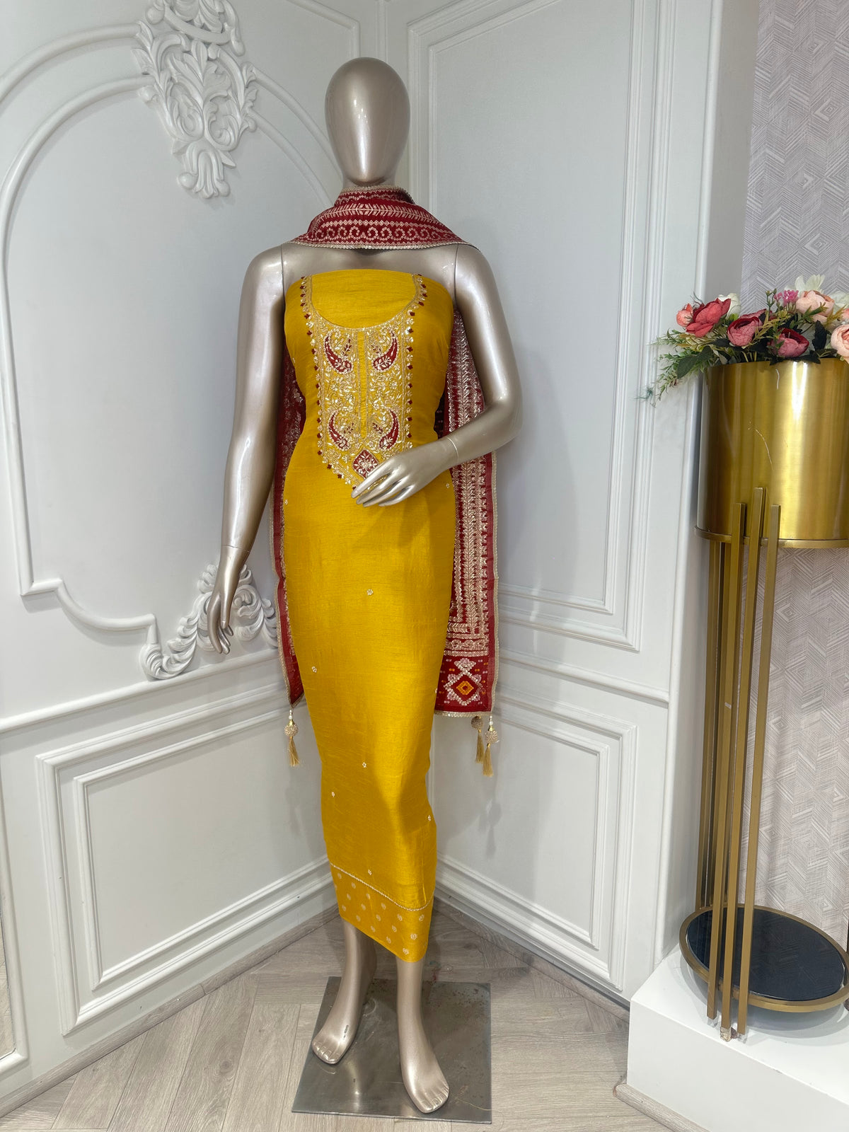 Mustard suit set by Mamta Saree - full view