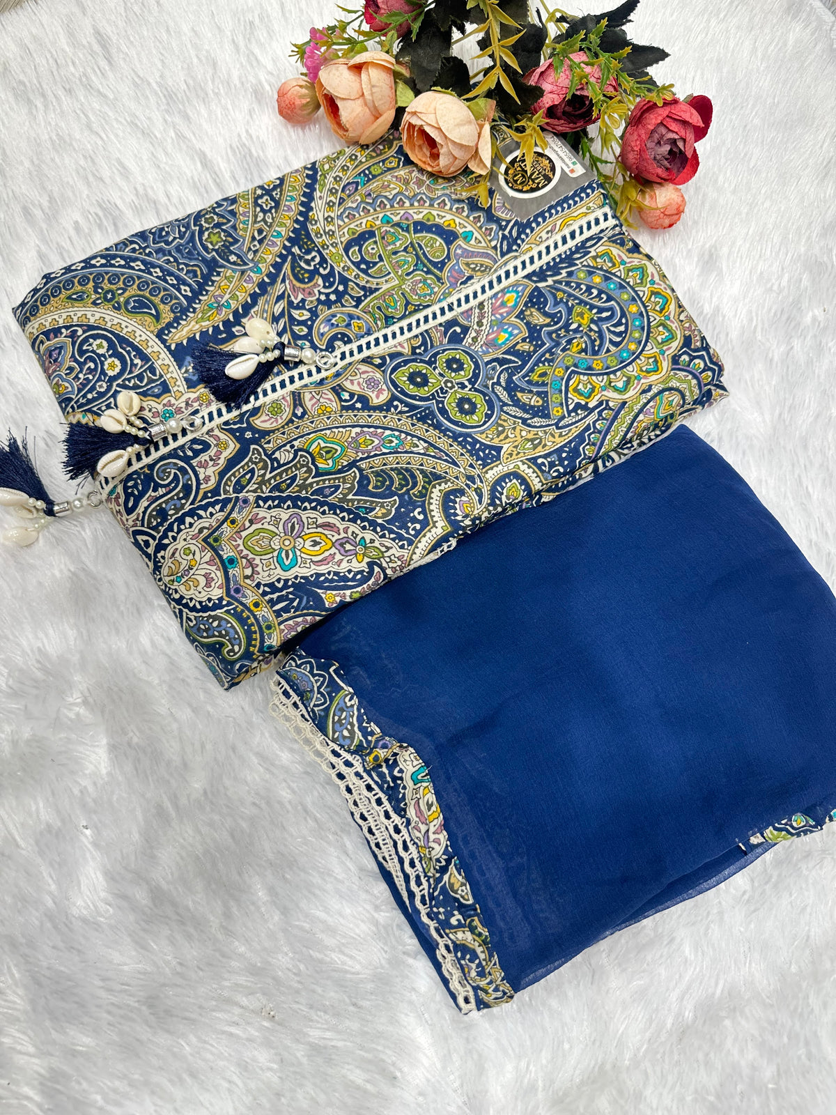 Multicolor paisley print suit by Mamta Saree - navy colourway tassel border detail