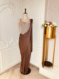 Brown Beaded Pre-Draped Saree