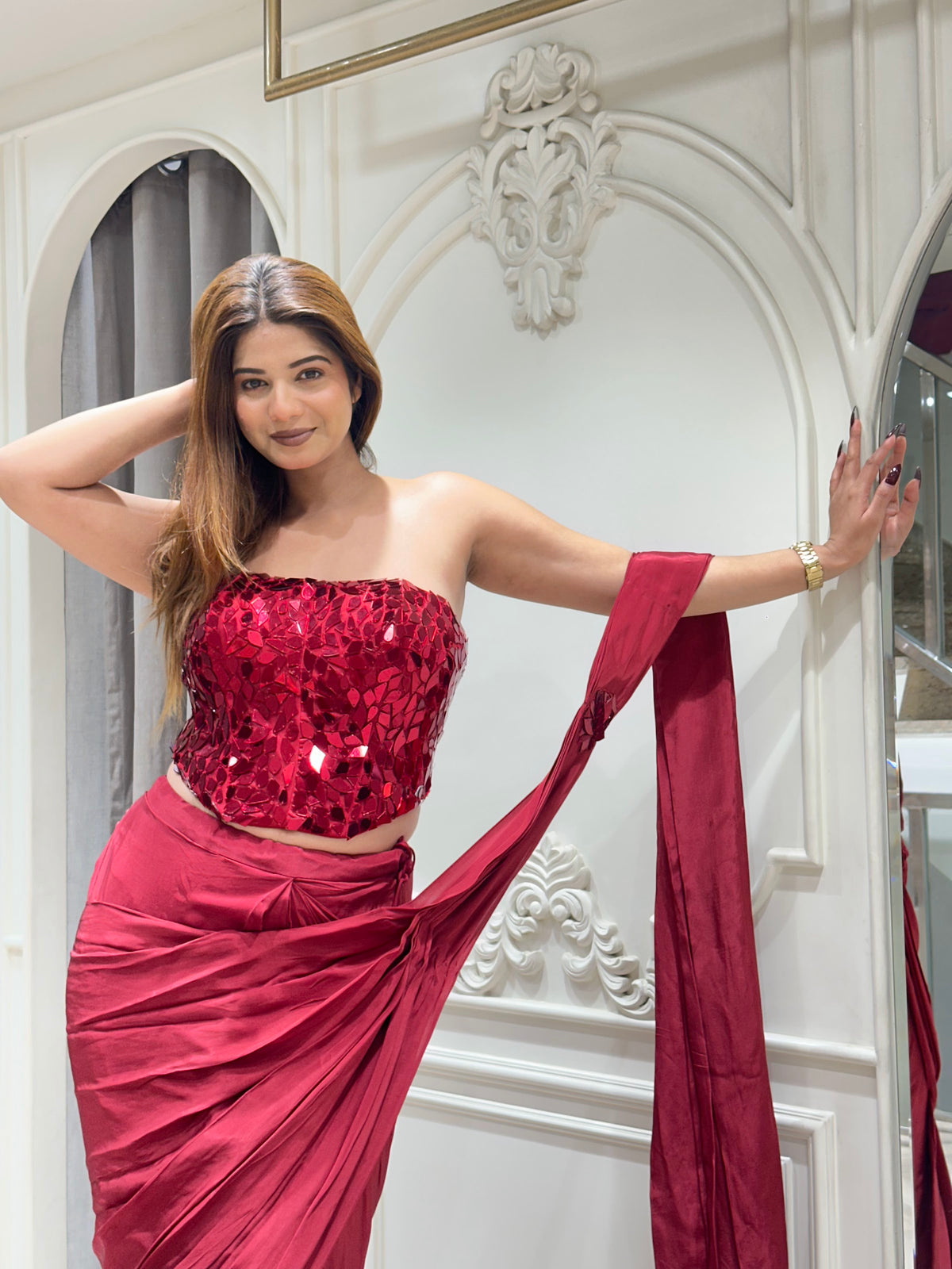 maroon pre-draped saree by Mamta Saree - view 3
