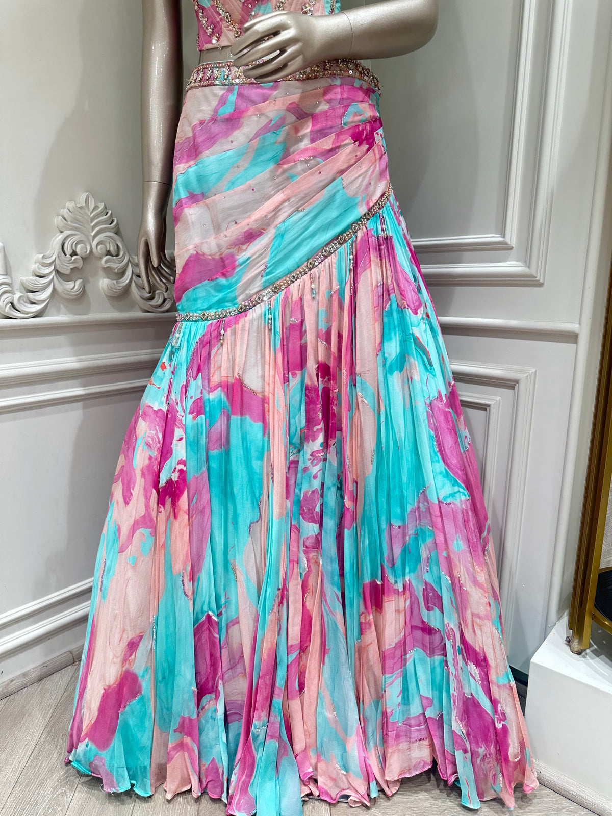 Pastel crop top set by Mamta Saree - side view of full set