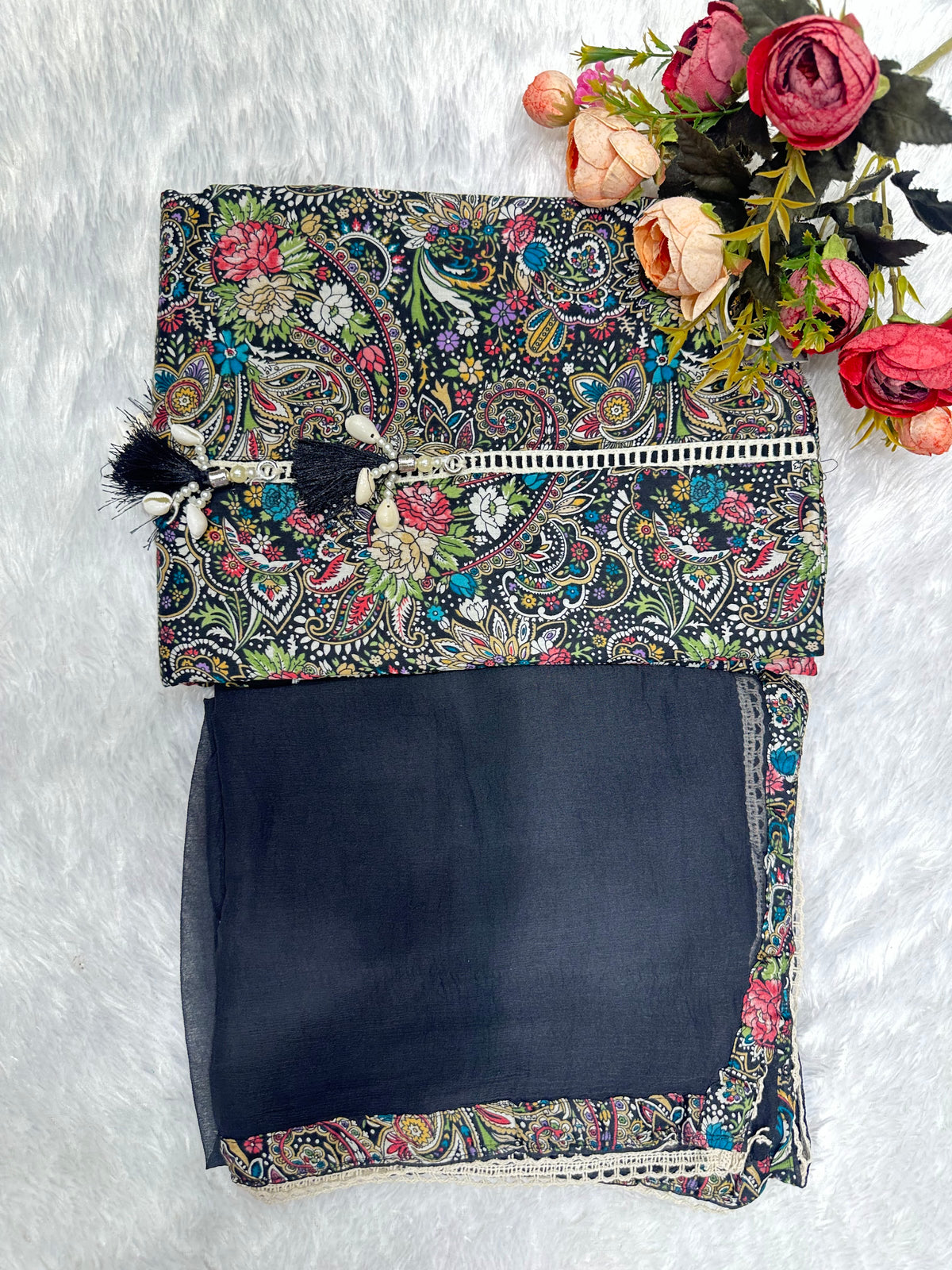 Multicolor paisley print suit by Mamta Saree - black colourway tassel border detail