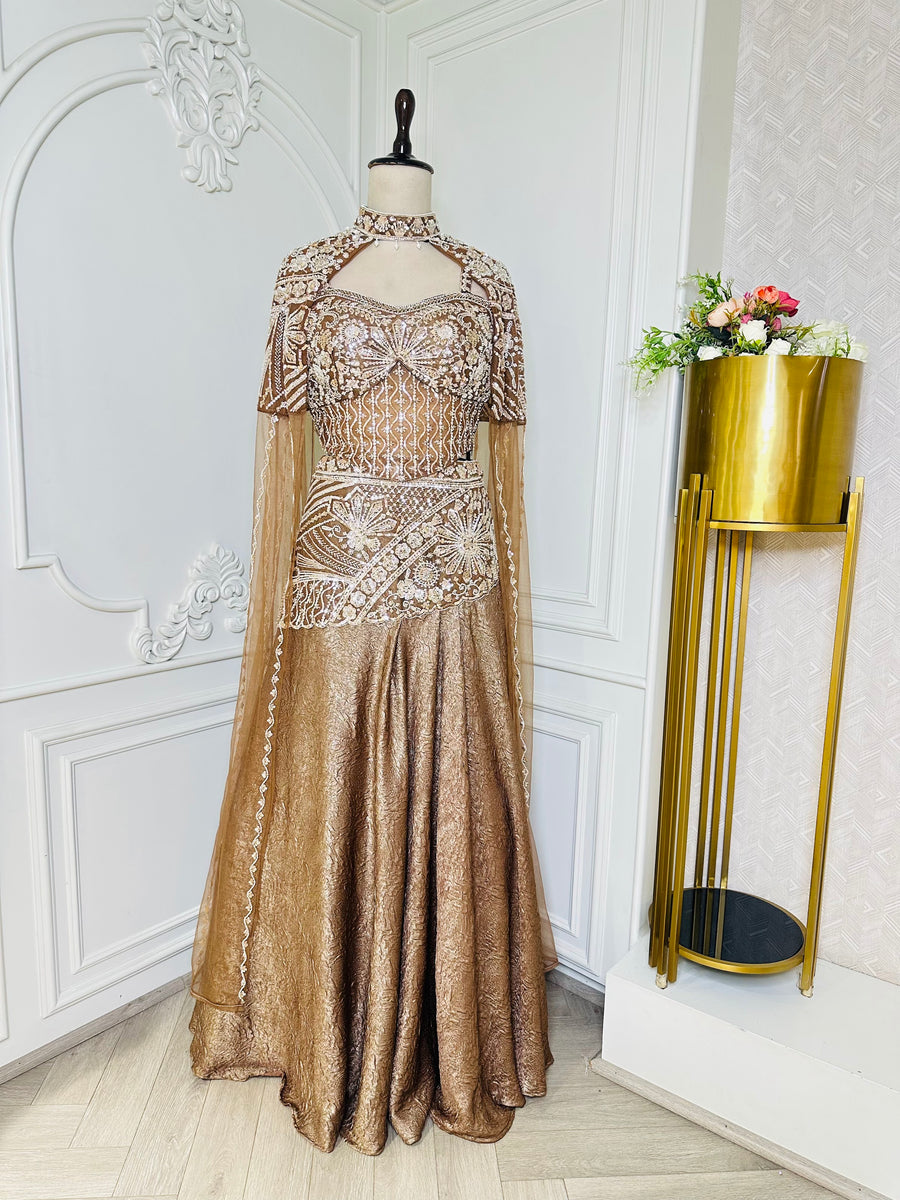 Brown beaded crop top dress by Mamta Saree - full drape