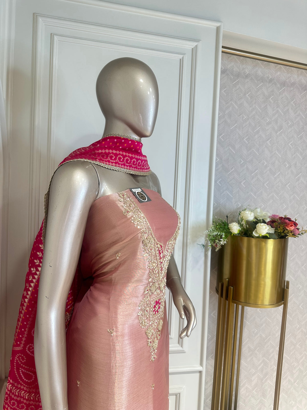 peach suit set by Mamta Saree - neckline embroidery detail