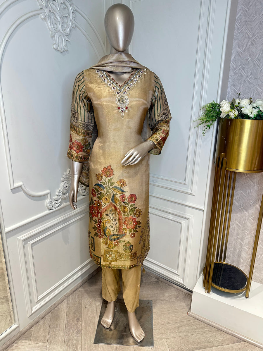 beige suit set by Mamta Saree - full view