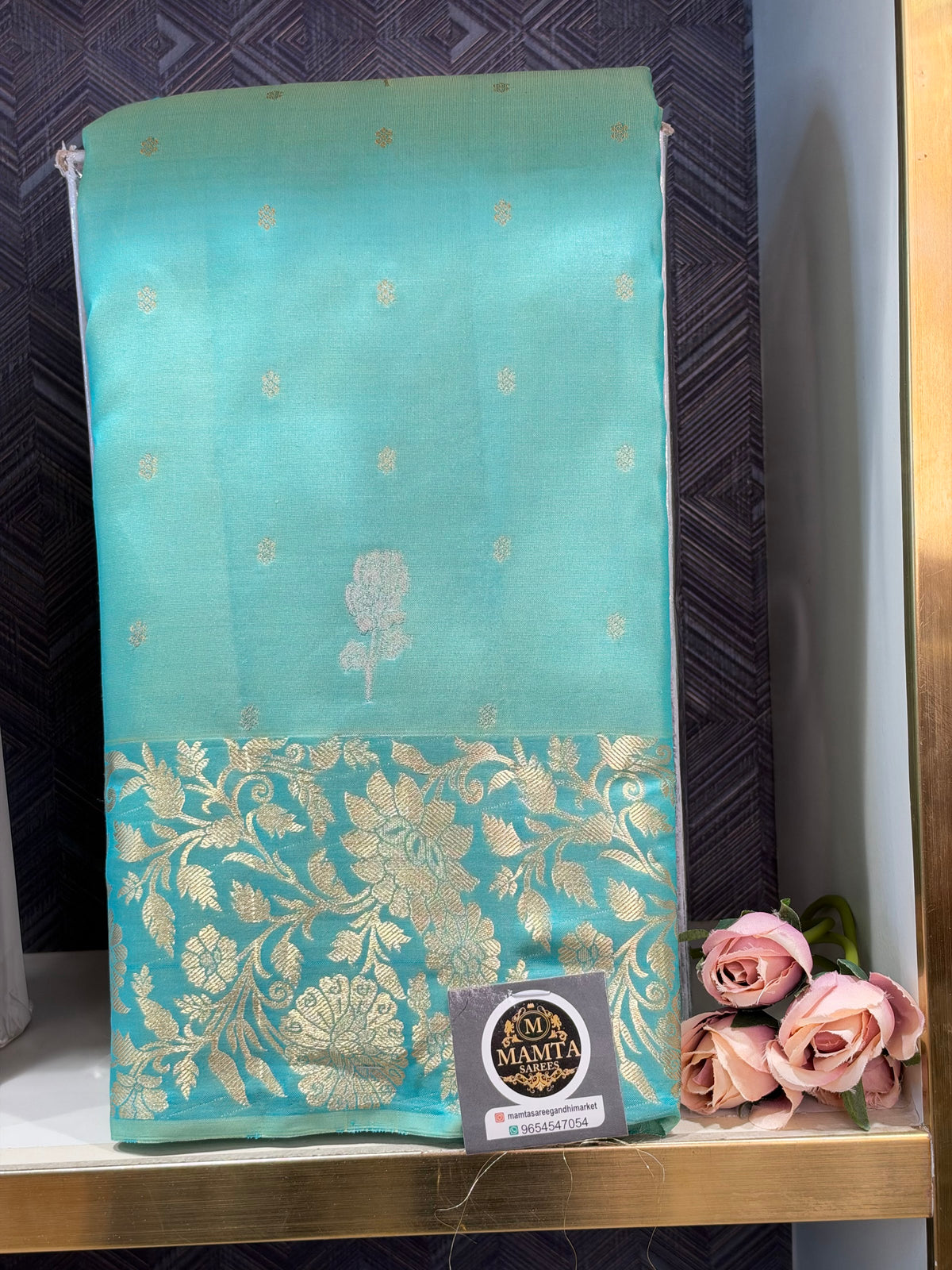 sky blue saree by Mamta Saree - full drape
