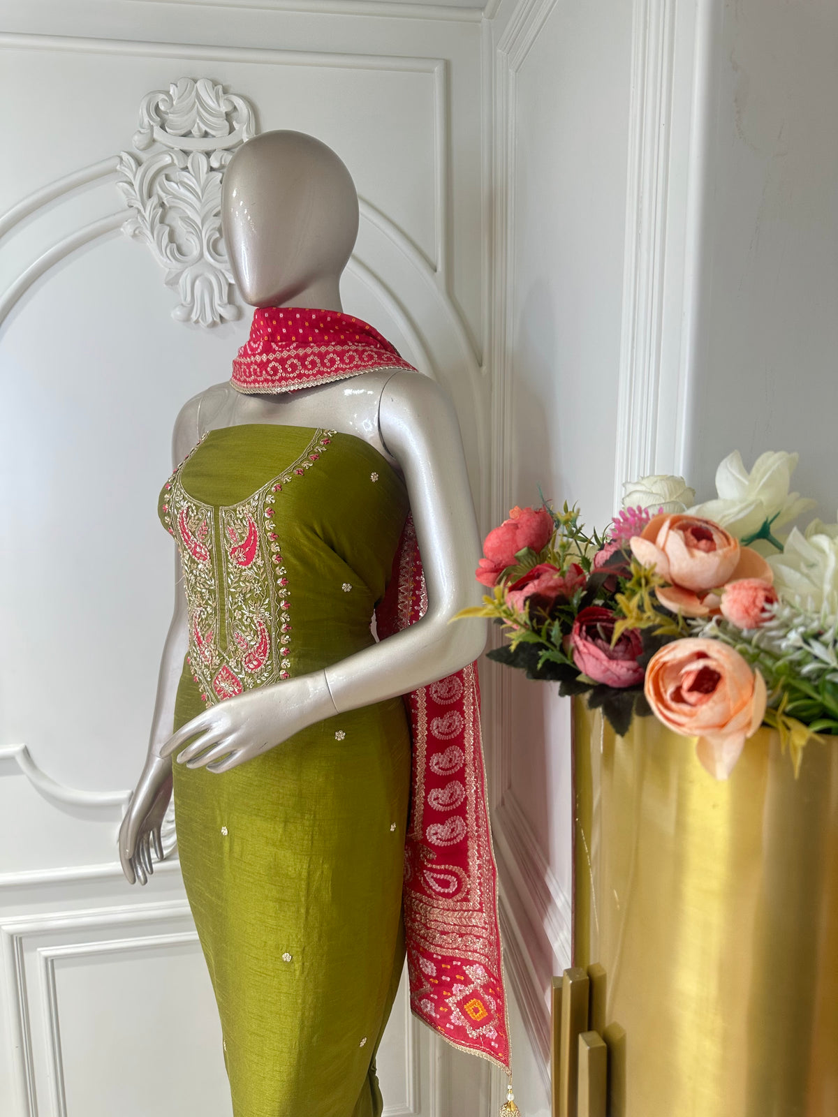 Olive green suit set by Mamta Saree - dupatta