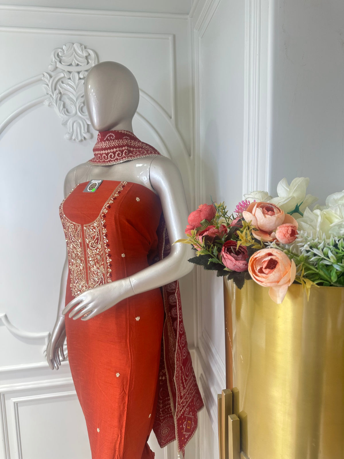 Rust orange suit set by Mamta Saree - dupatta