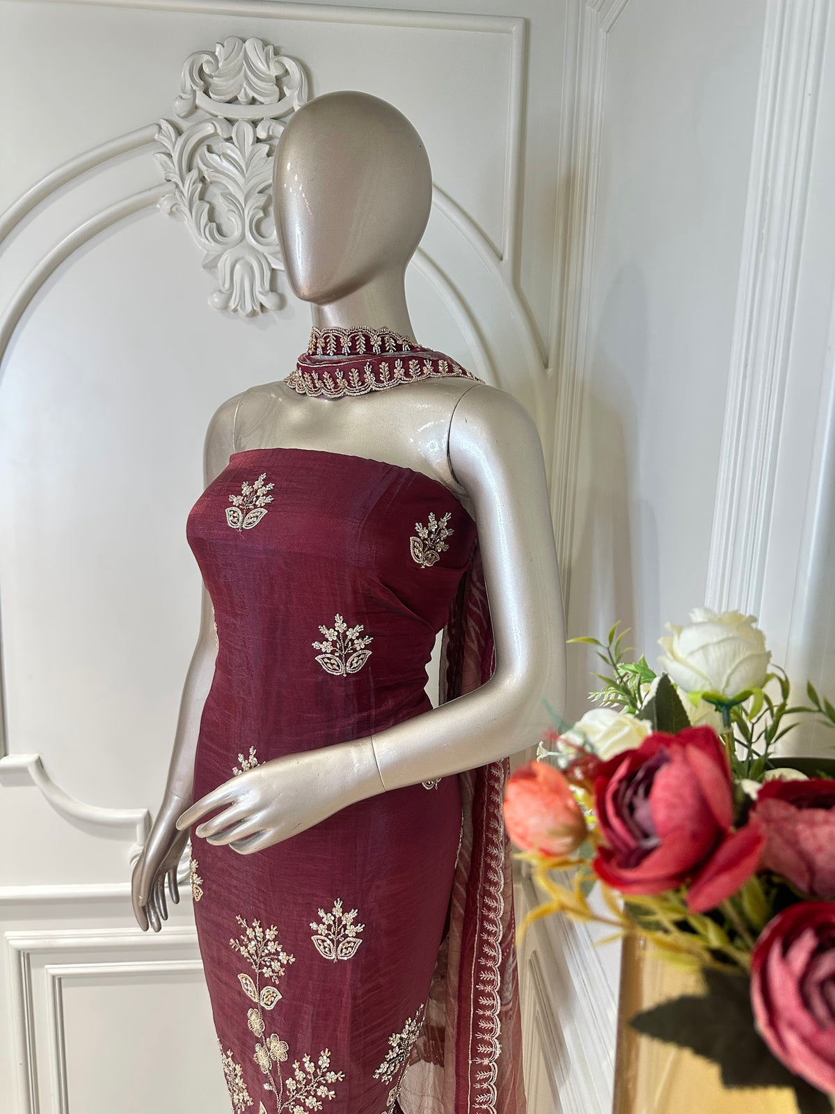 Maroon Floral Embroidered Suit Set - neckline close-up