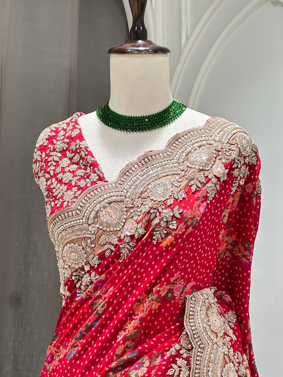 Red saree by Mamta Saree - neckline and blouse detail