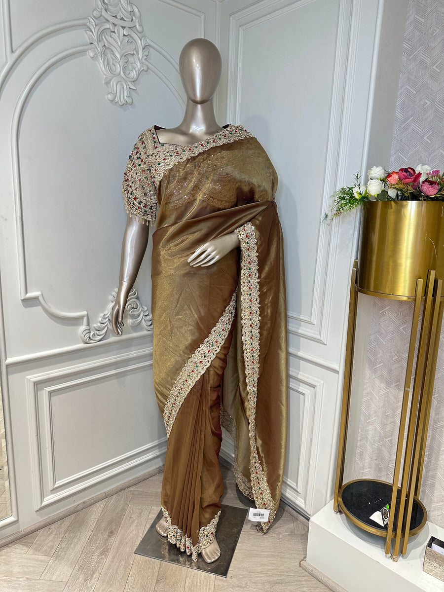 golden bronze saree by Mamta Saree - full drape