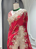 Red Printed Pearl Embroidered Saree