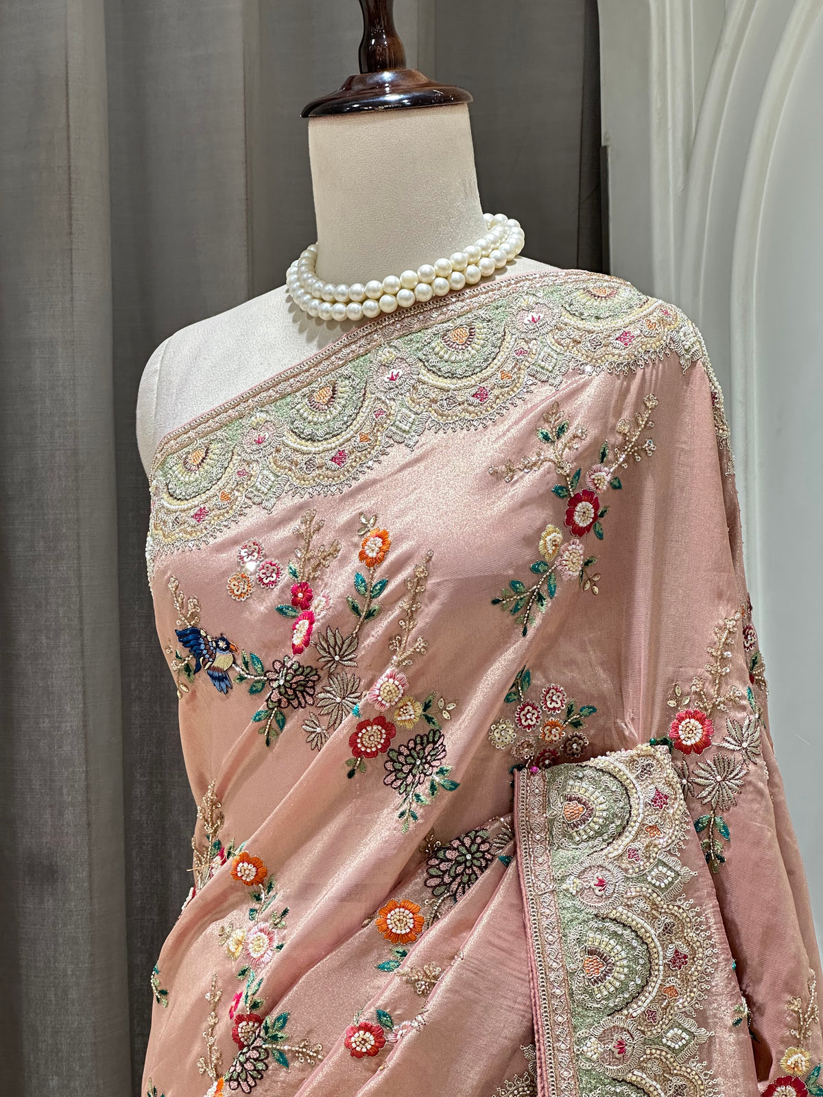 Dusty pink saree by Mamta Saree - floral embroidery close-up
