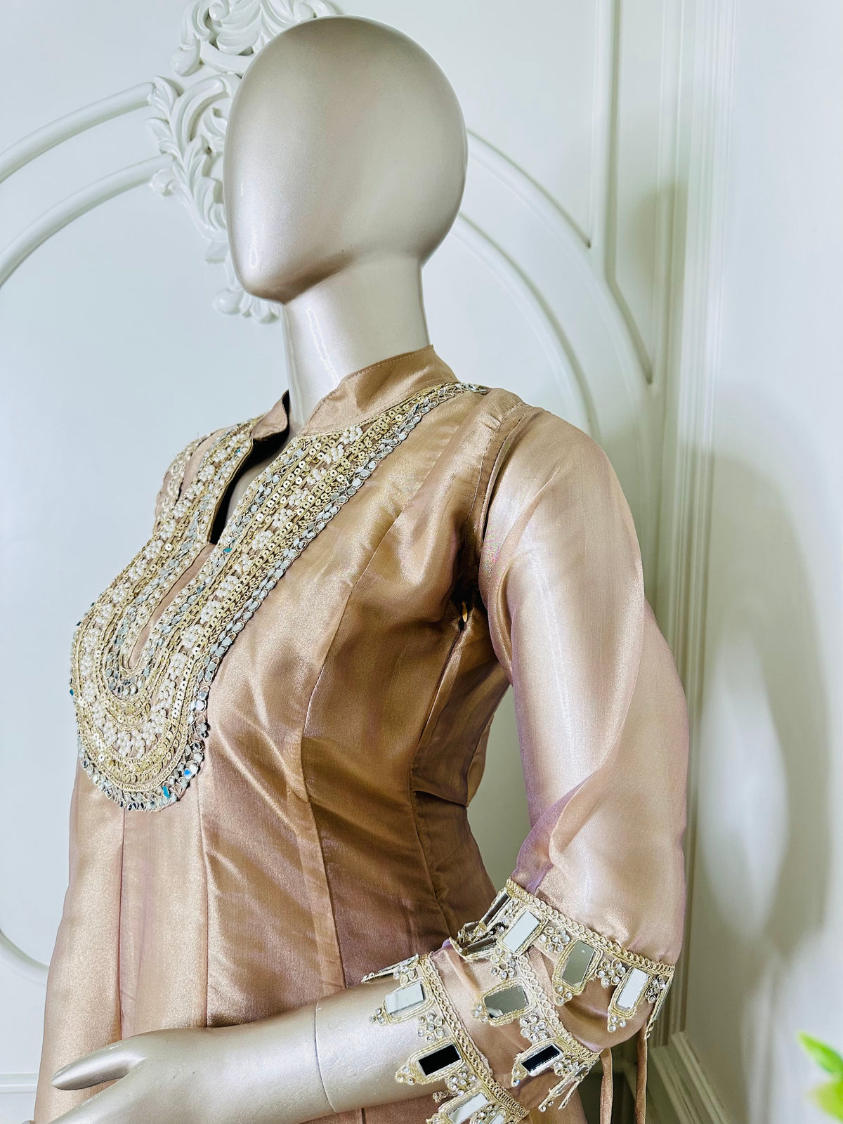 Champagne suit by Mamta Saree - mirror-work yoke and cuff close-up