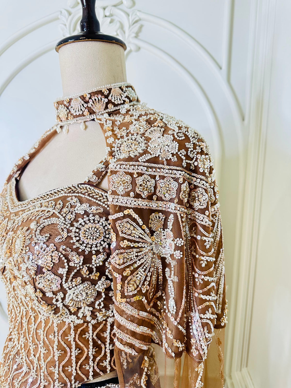 Brown beaded crop top dress by Mamta Saree - embroidery close-up