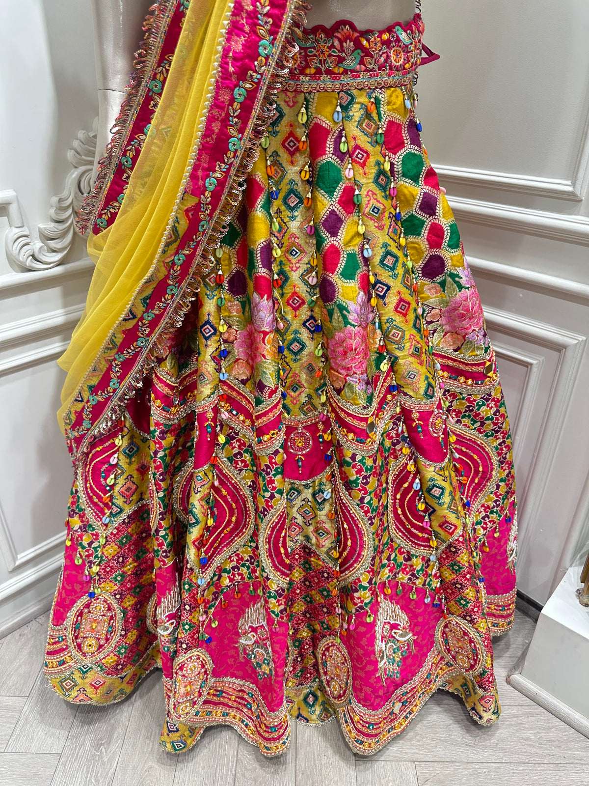 pink lehenga by Mamta Saree - mirror work detail