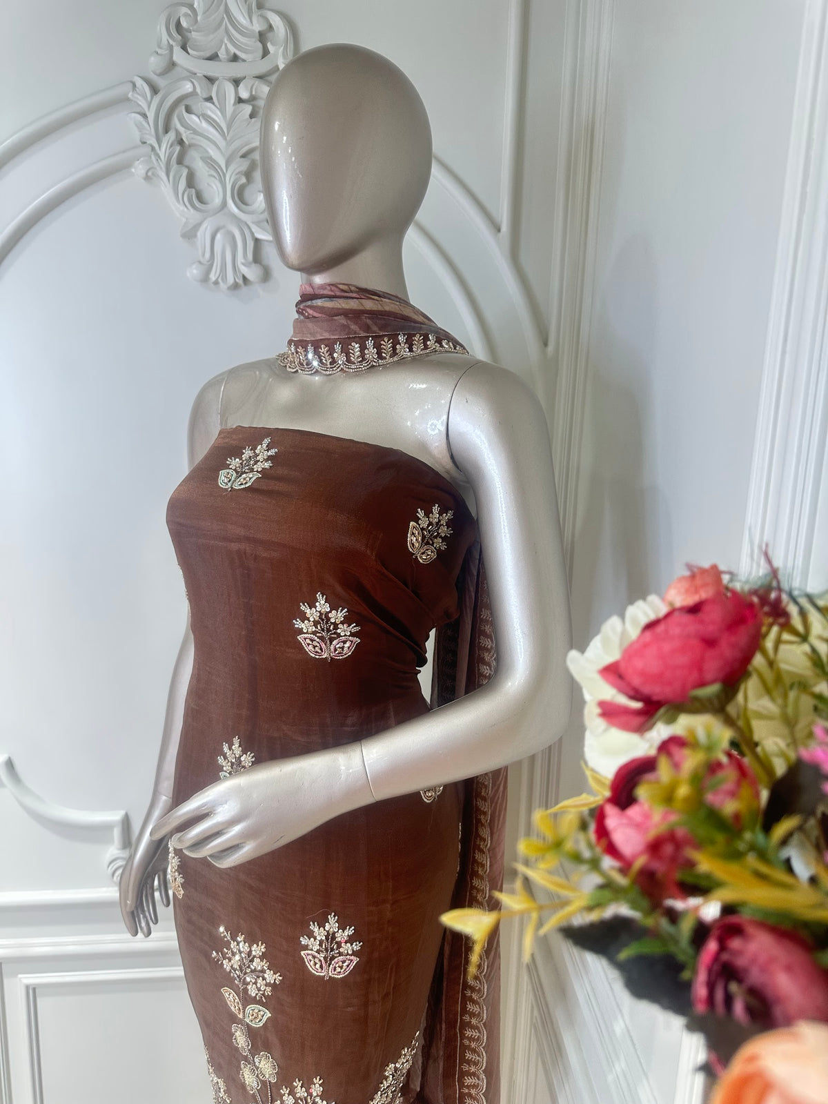 Brown Floral Embroidered Suit Set - neckline close-up