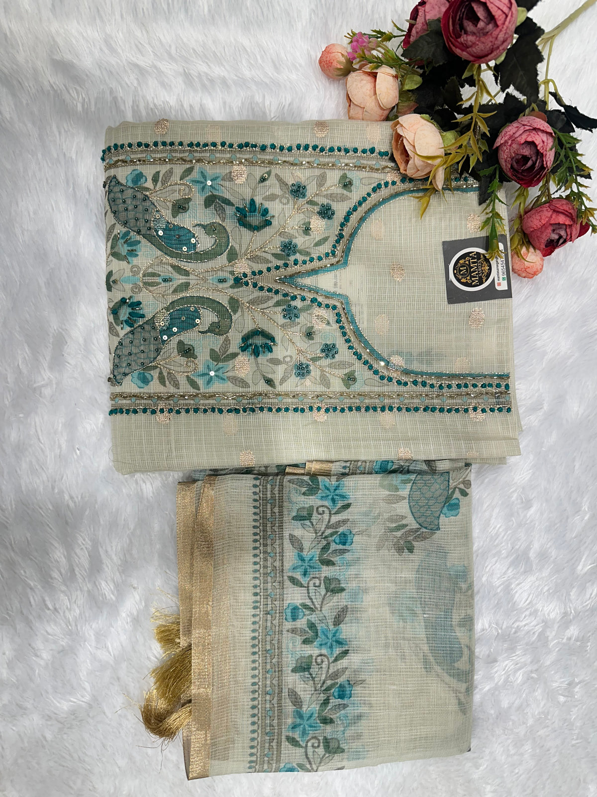 Ivory peacock embroidered suit by Mamta Saree - teal thread colourway overview