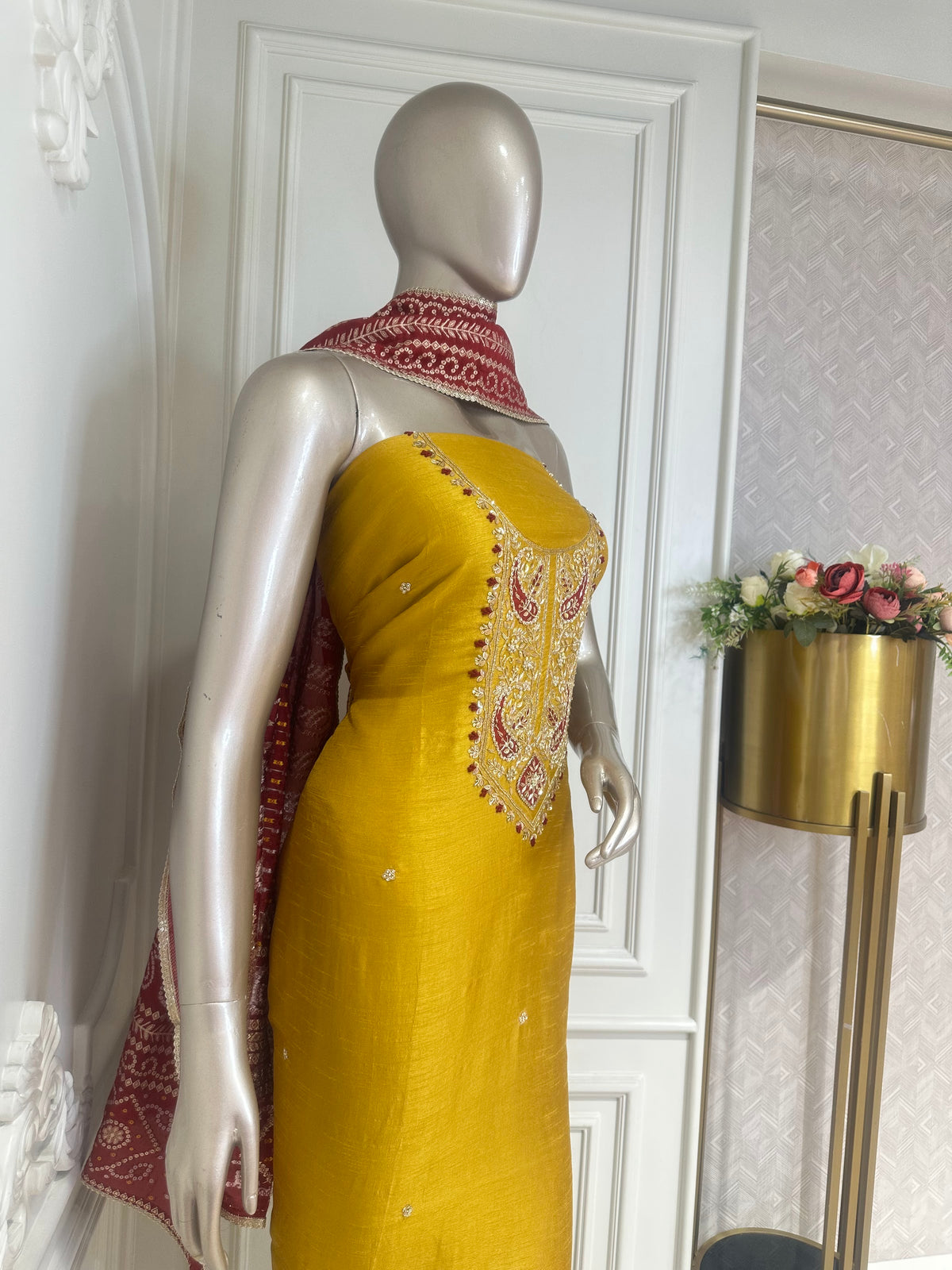 Mustard suit set by Mamta Saree - embroidery detail