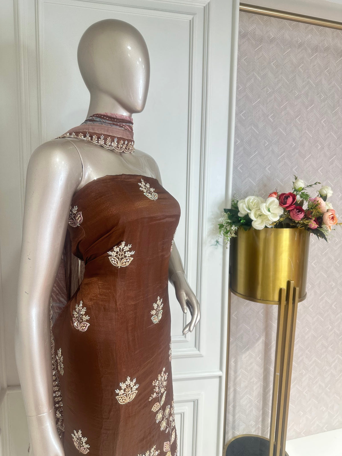 Brown Floral Embroidered Suit Set - side