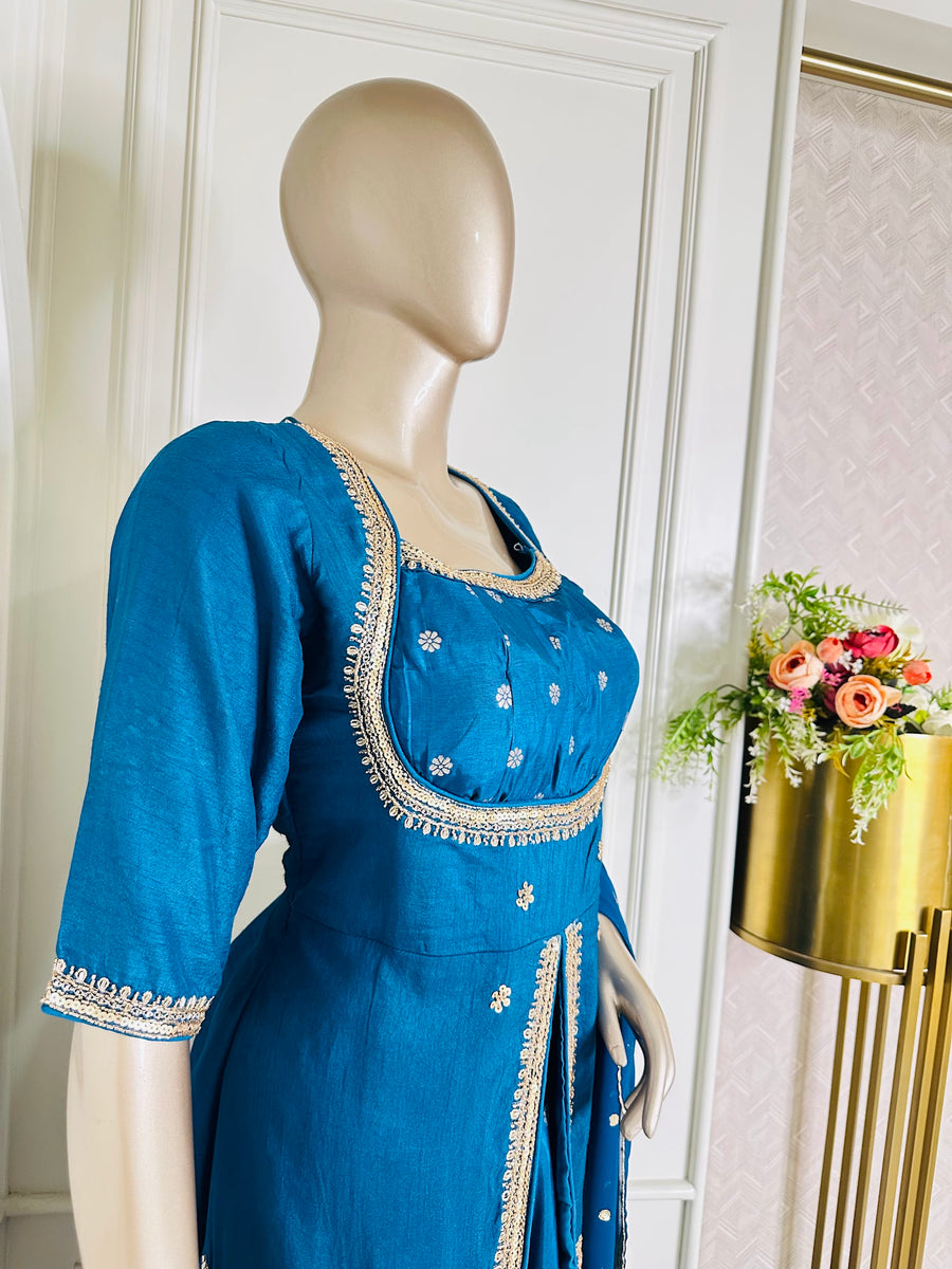Peacock blue sequin embroidered suit set by Mamta Saree - bodice and yoke detail