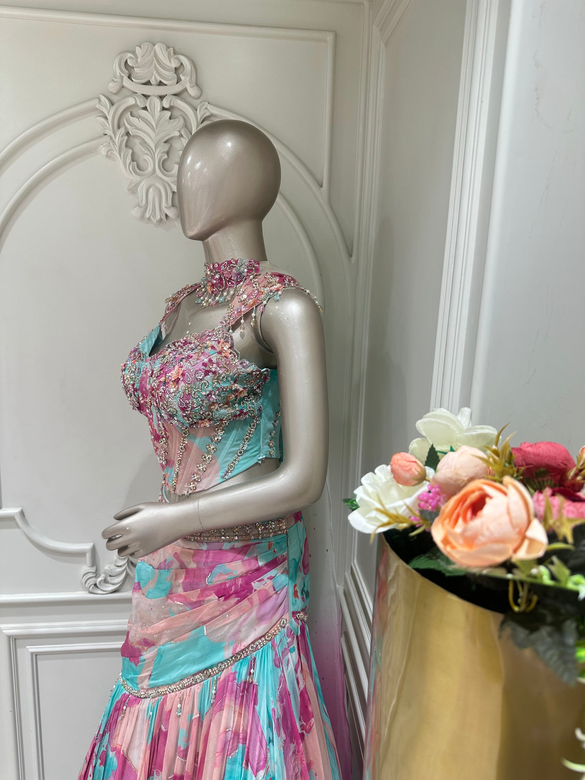 Pastel crop top set by Mamta Saree - marbled skirt drape detail