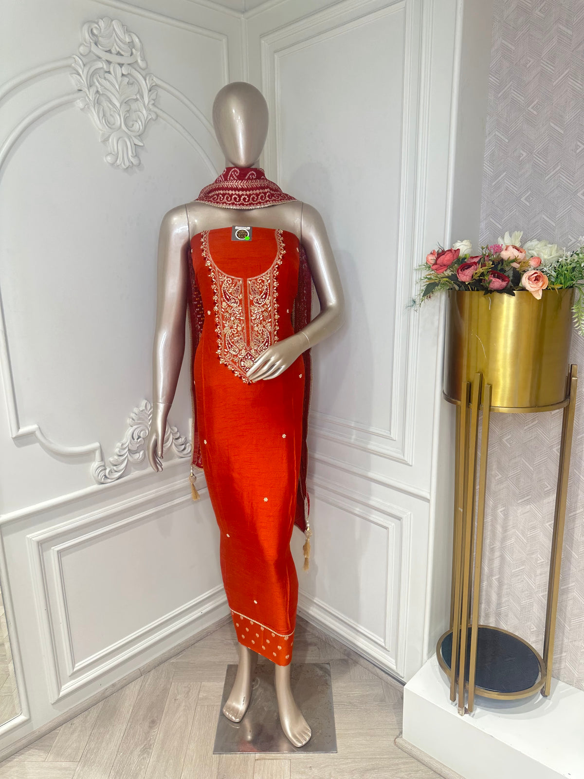 Rust orange suit set by Mamta Saree - full view