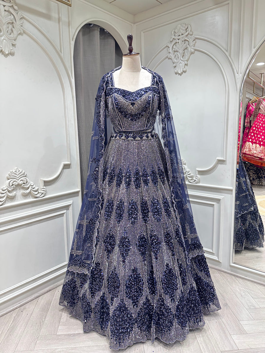 navy blue lehenga set by Mamta Saree - full drape