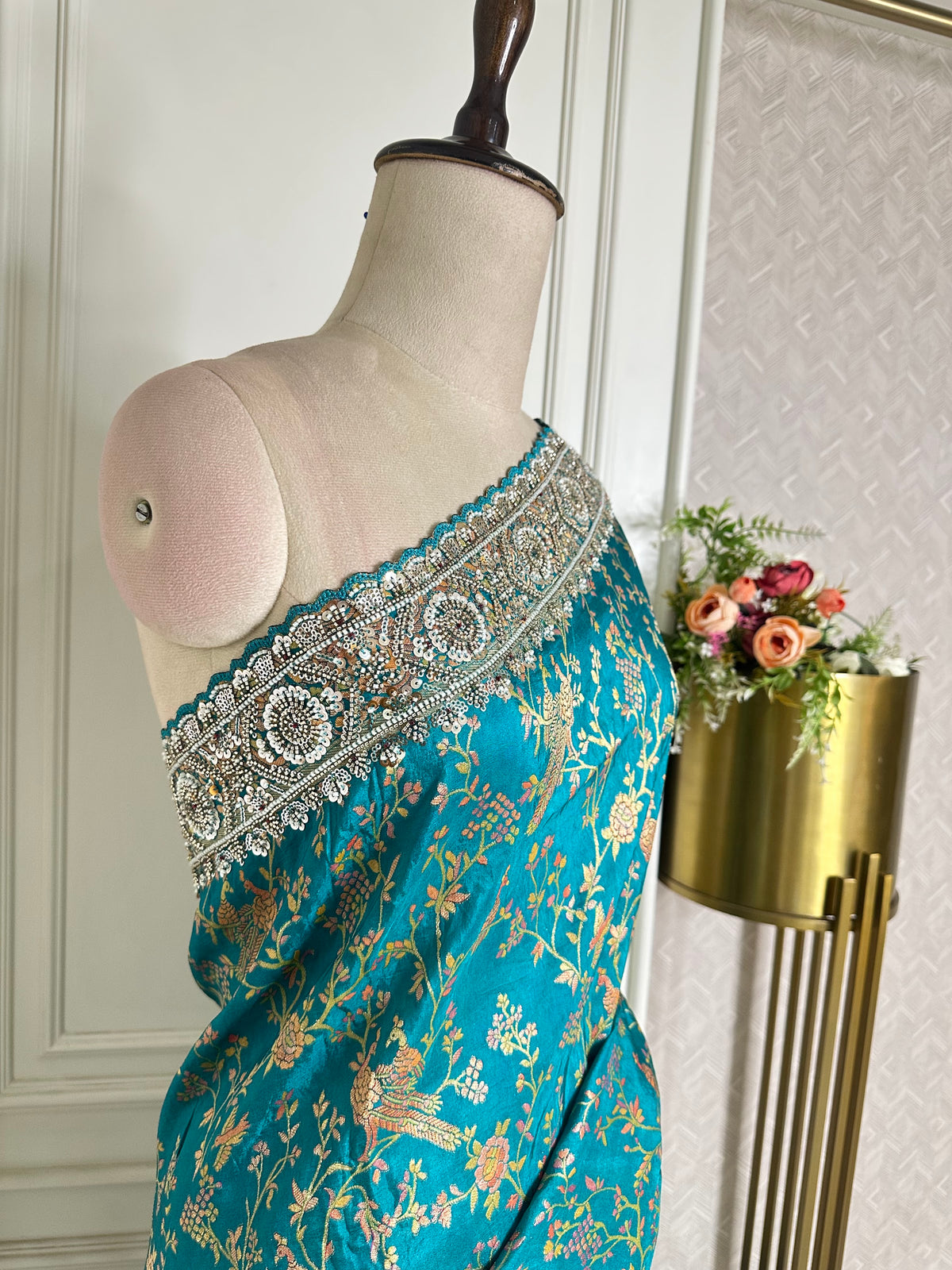 Firoze turquoise saree from the Pearl Position collection by Mamta Saree - view 2