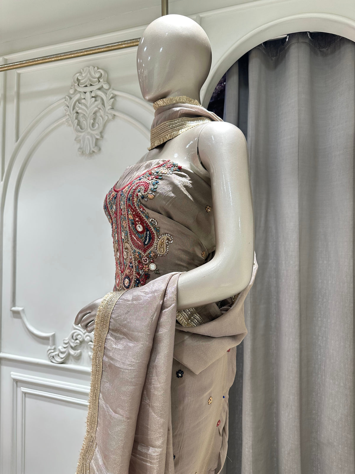 Grey embroidered suit by Mamta Saree - full look