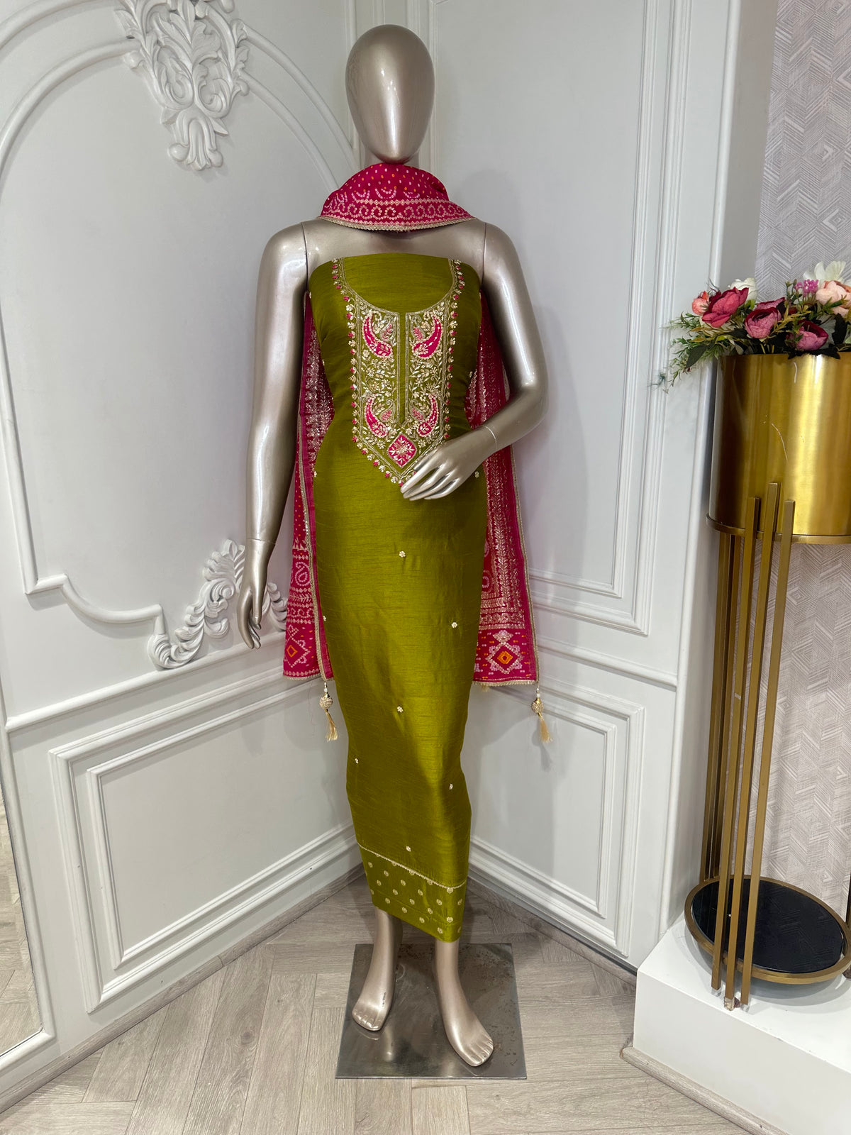 Olive green suit set by Mamta Saree - full view