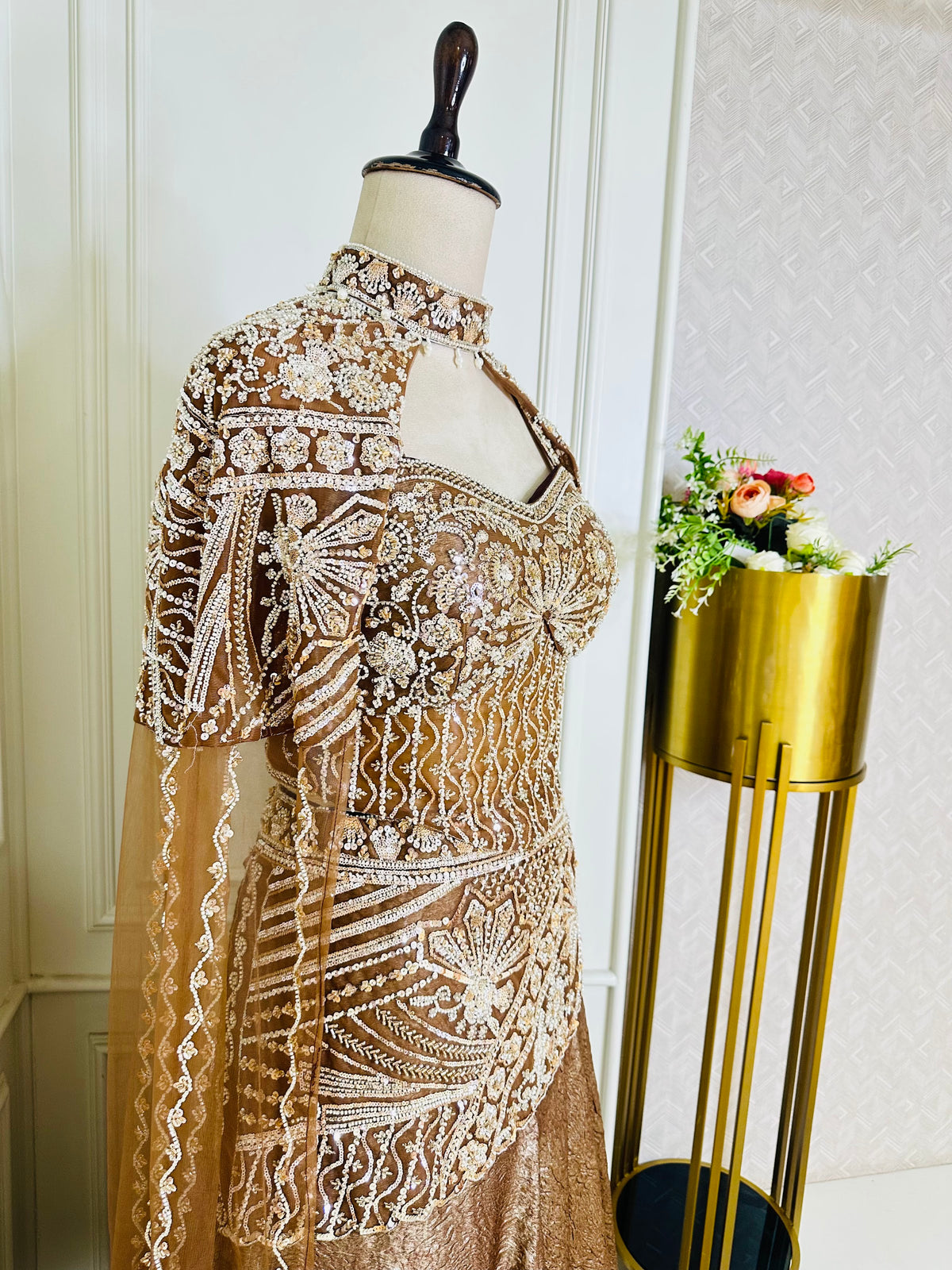 Brown beaded crop top dress by Mamta Saree - bodice detail