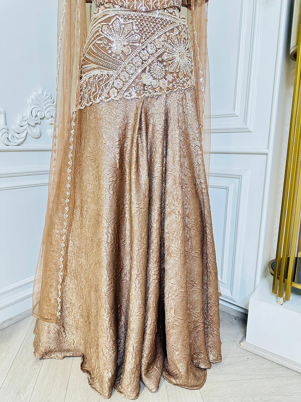 Brown beaded crop top dress by Mamta Saree - waist and skirt detail