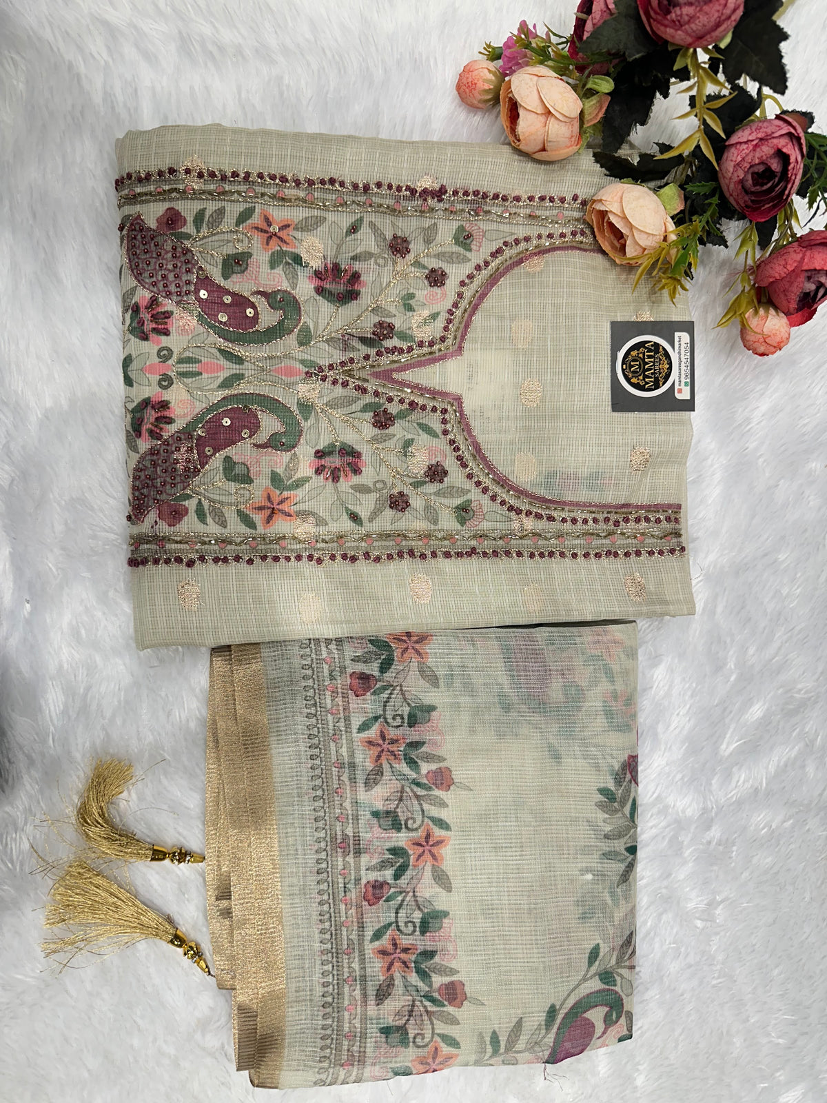 Ivory peacock embroidered suit by Mamta Saree - maroon thread embroidery close-up