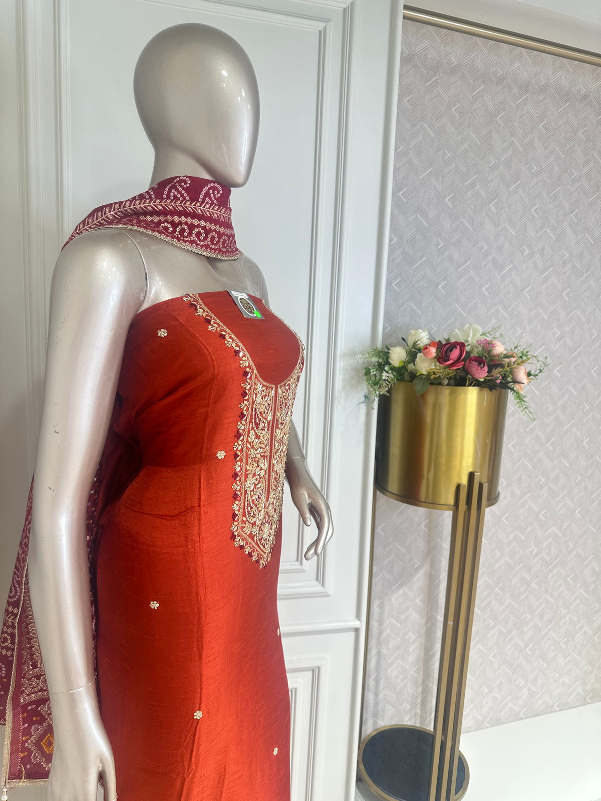 Rust orange suit set by Mamta Saree - embroidery detail