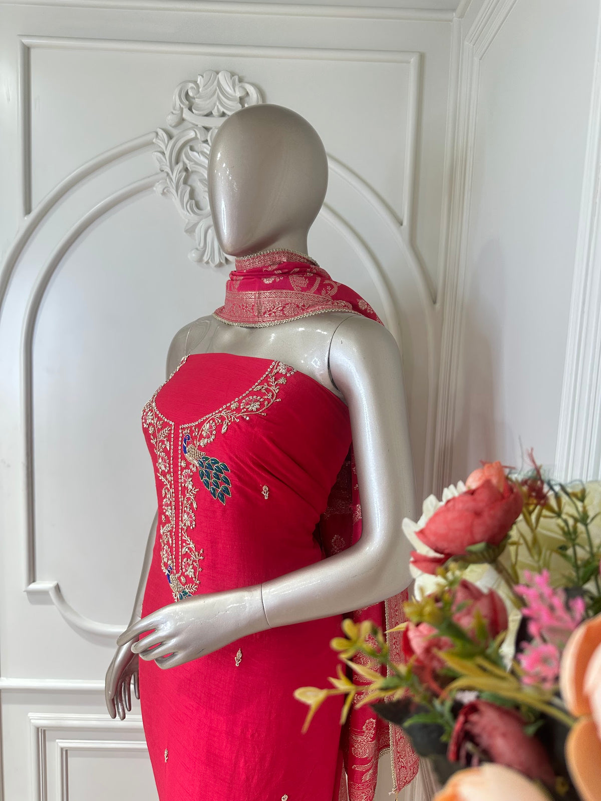 Pink Peacock Embroidered Suit Set - neckline close-up