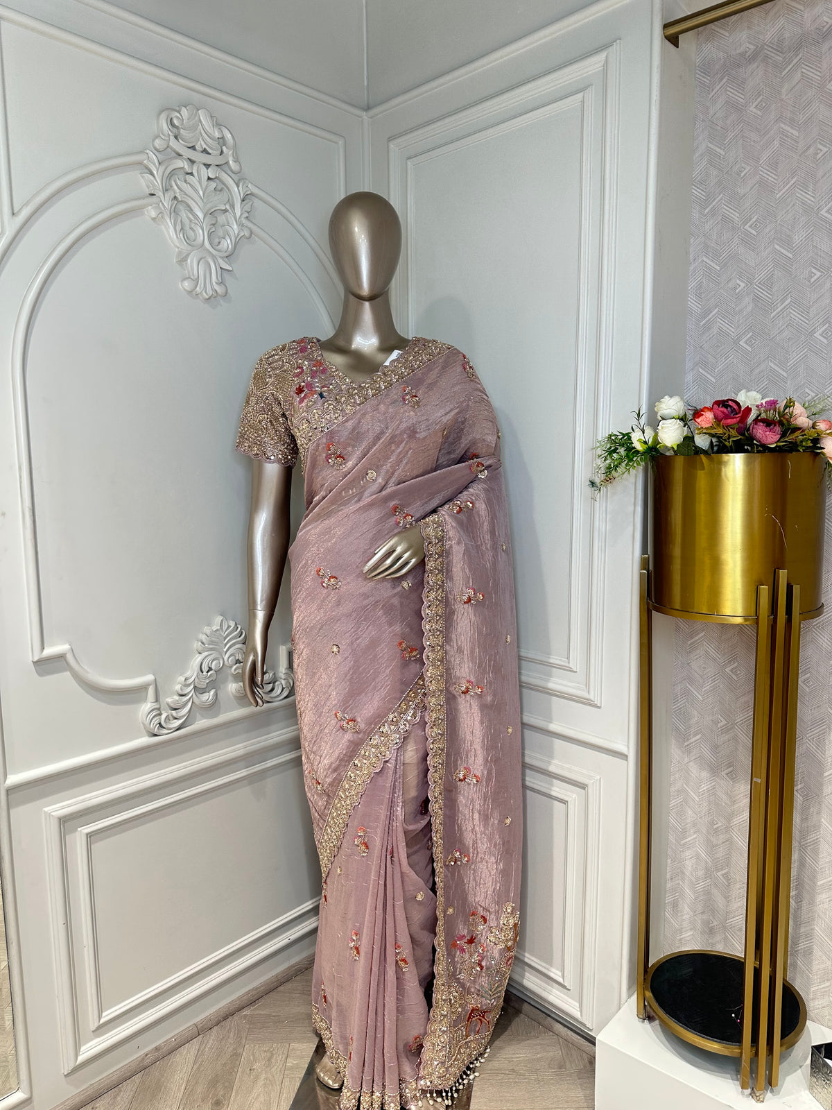 Lavender saree by Mamta Saree - side view of beaded floral blouse