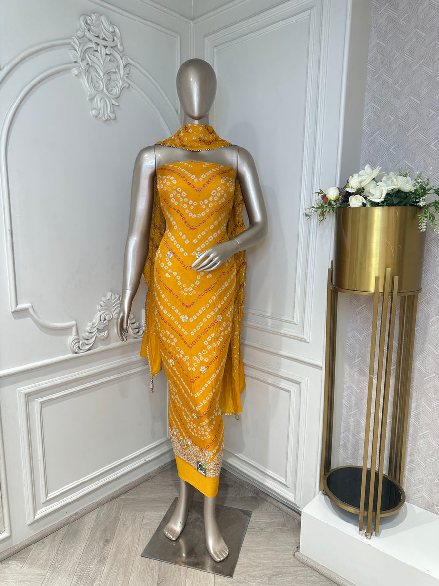 Mustard printed embroidered suit set by Mamta Saree - full look