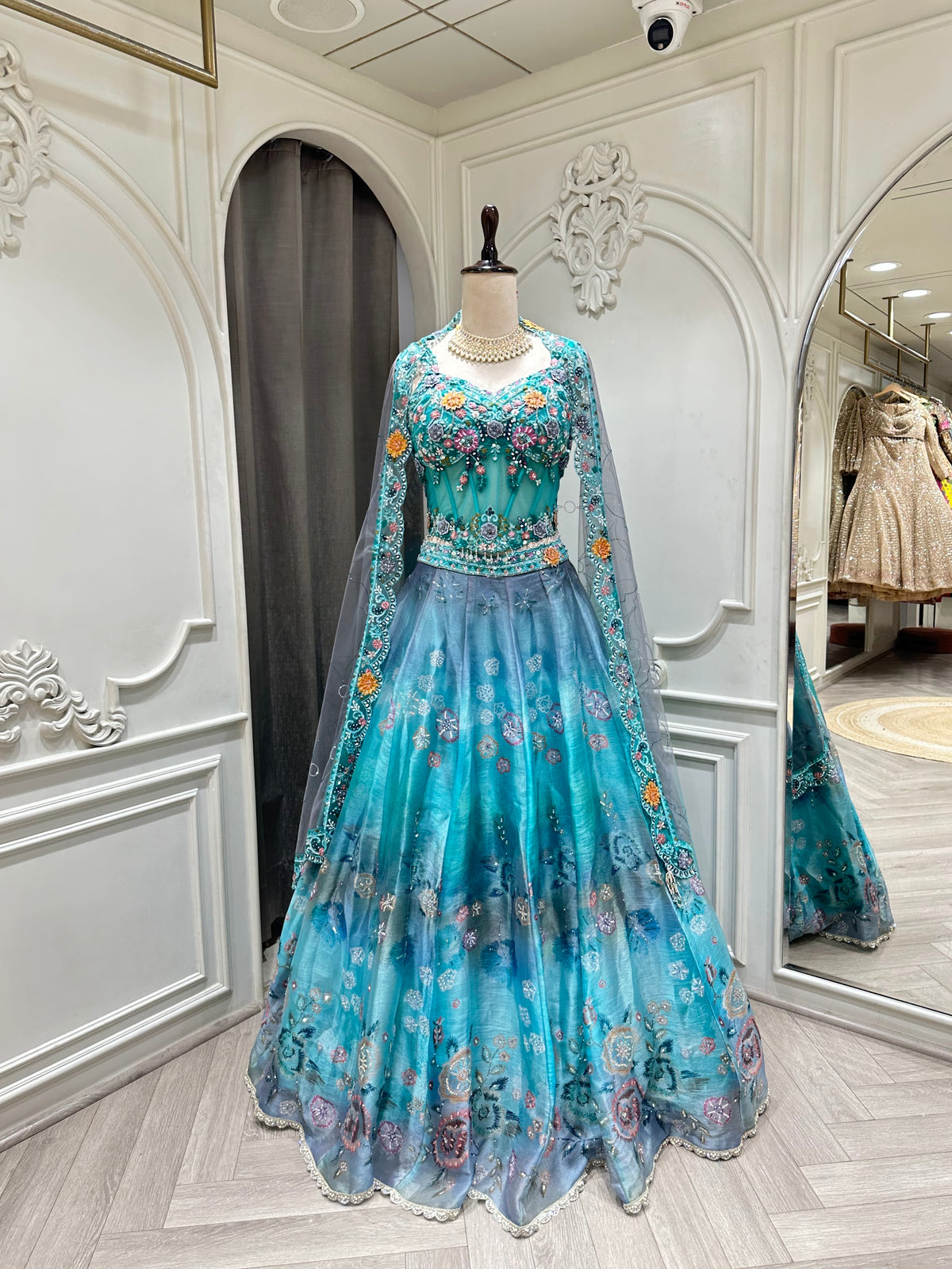 Sky blue lehenga set by Mamta Saree - bodice embroidery detail