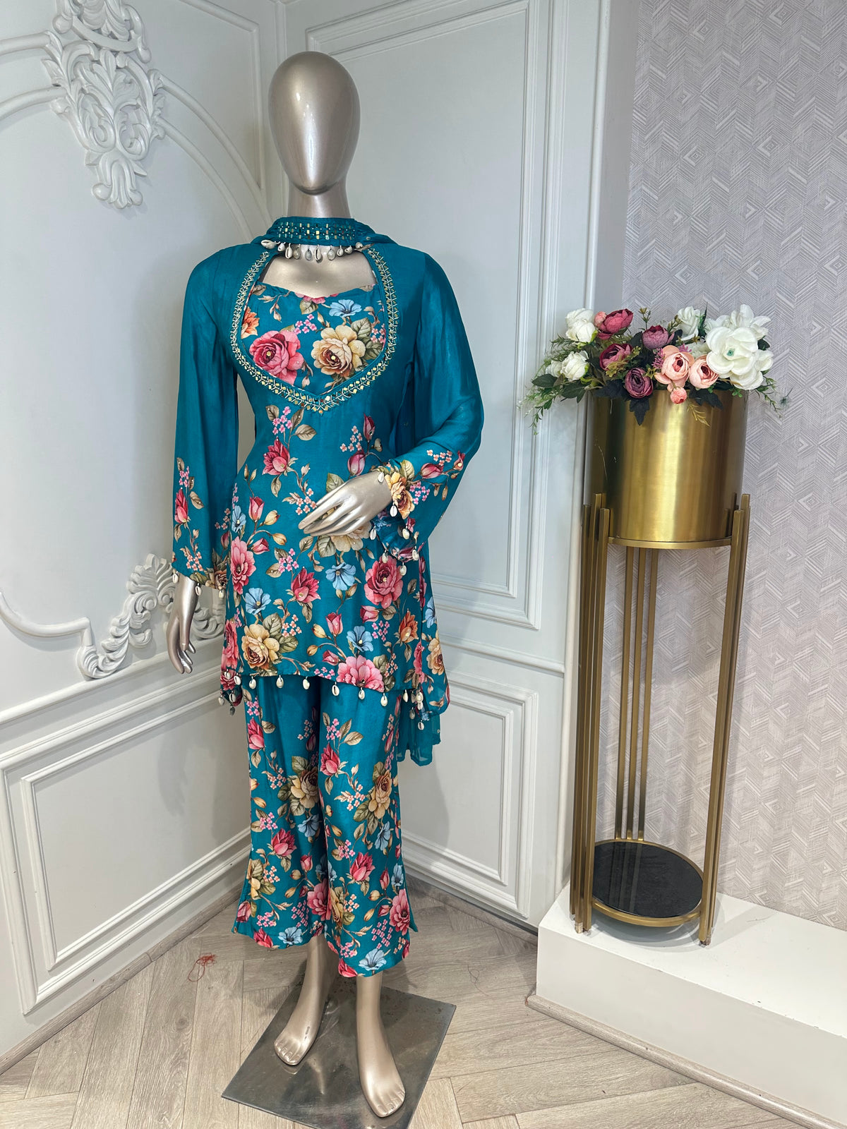 teal suit set by Mamta Saree - full view