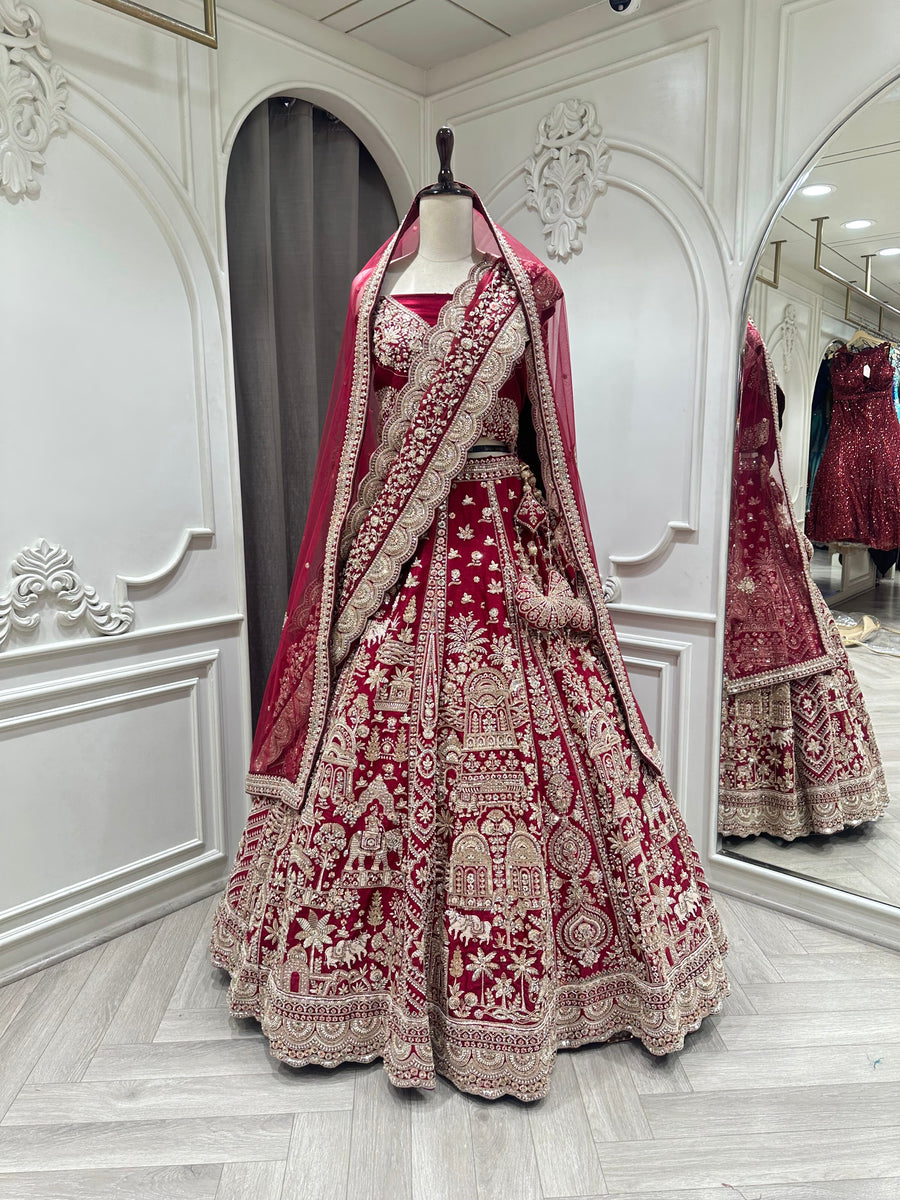 Maroon Beaded Bridal Lehenga Set