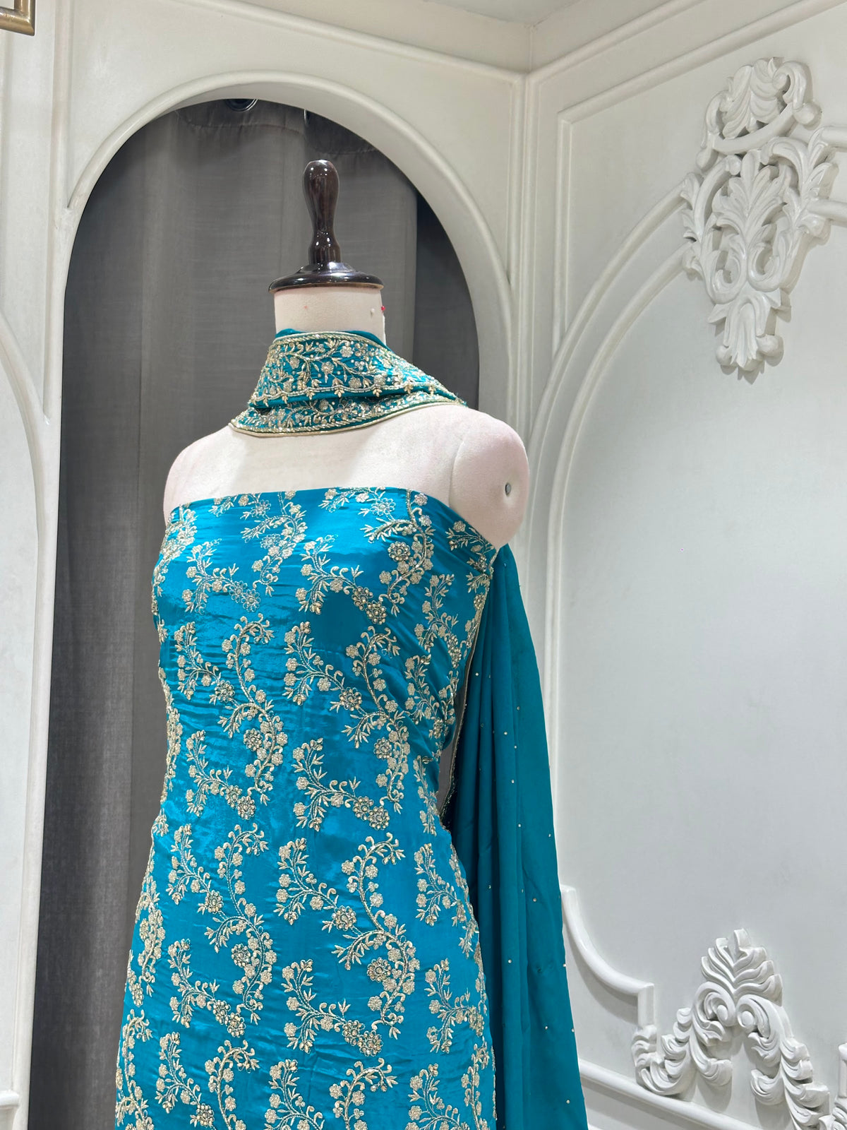 teal dress material by Mamta Saree - embroidery detail